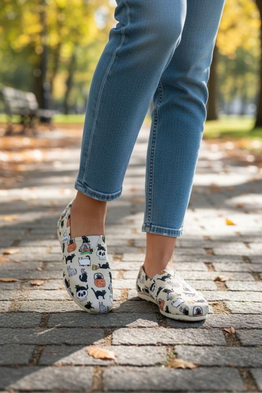 TOMS Halloween Cats Pumpkins Skulls Slip On Shoes Women’s 10 NWT